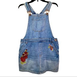 Forever 21 Floral Embroidered Denim Overall Skirt